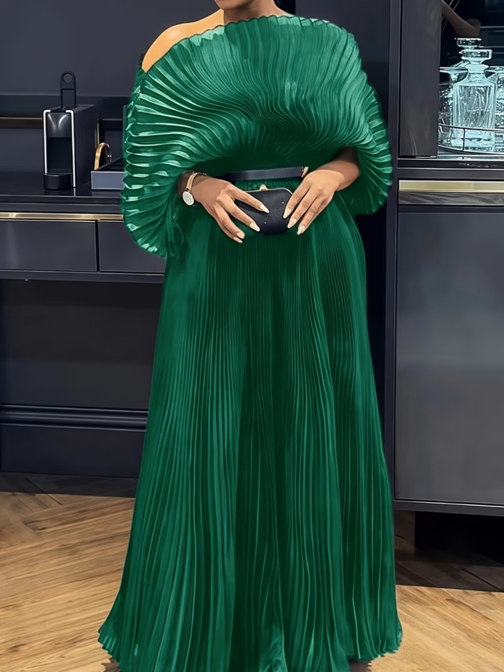 Mustard Gold Pleated Batwing Sleeve Maxi Dress | Elegant Statement Gown | One - Picture 6 of 11